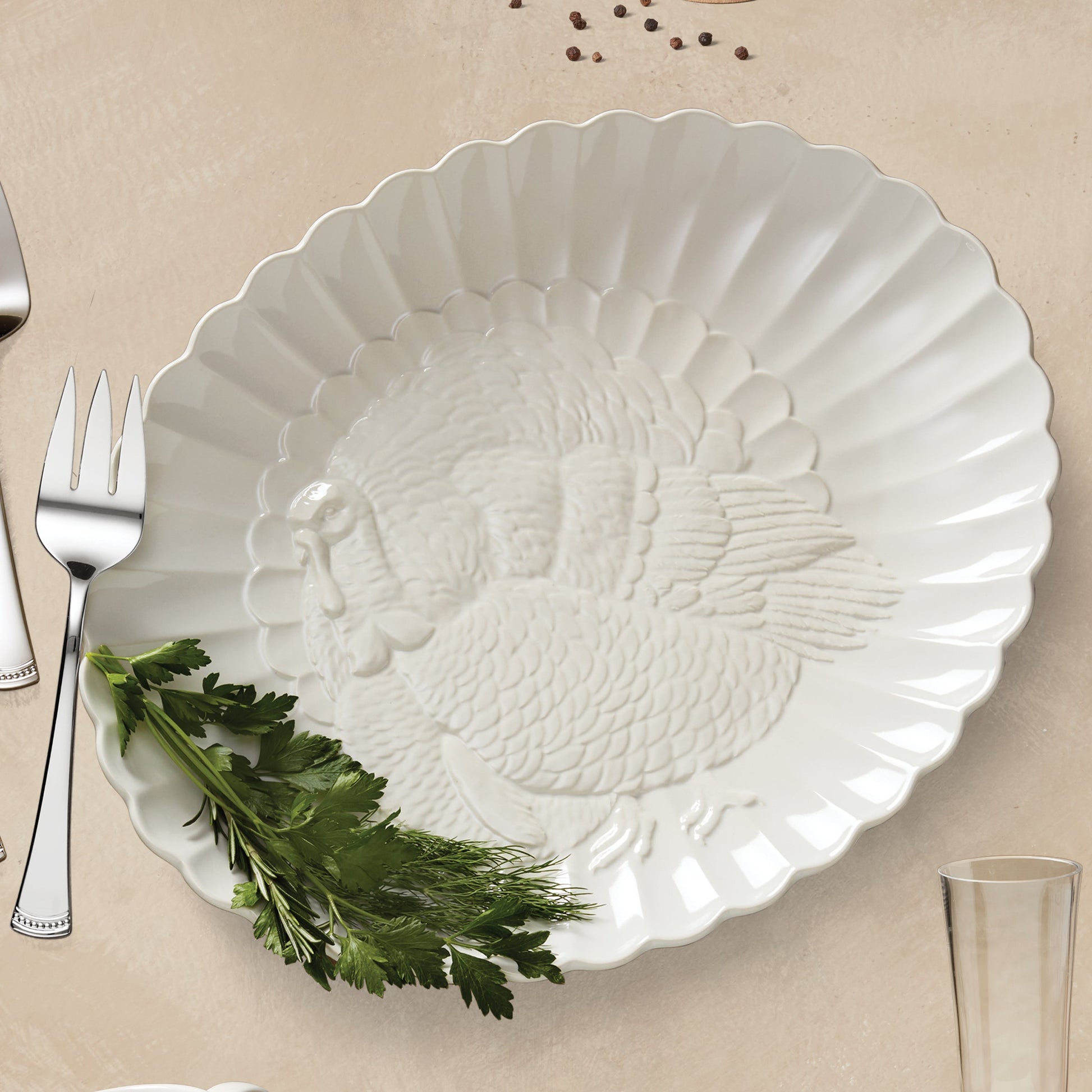 French Perle White Carved Turkey Platter