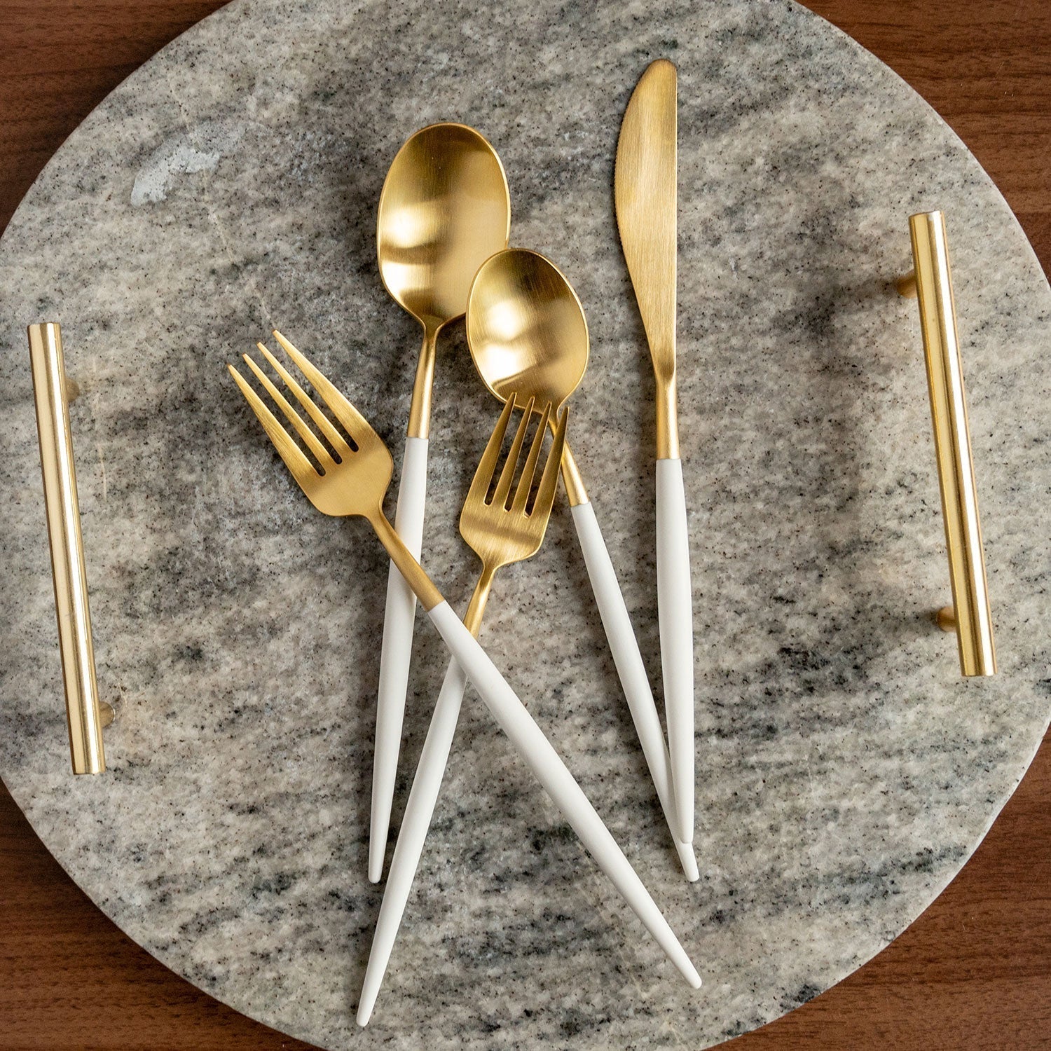 Mazzy Gold Satin White Pom Handle 20-Piece Flatware Set