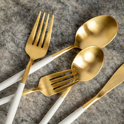 Mazzy Gold Satin White Pom Handle 20-Piece Flatware Set