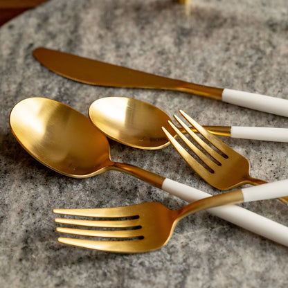 Mazzy Gold Satin White Pom Handle 20-Piece Flatware Set