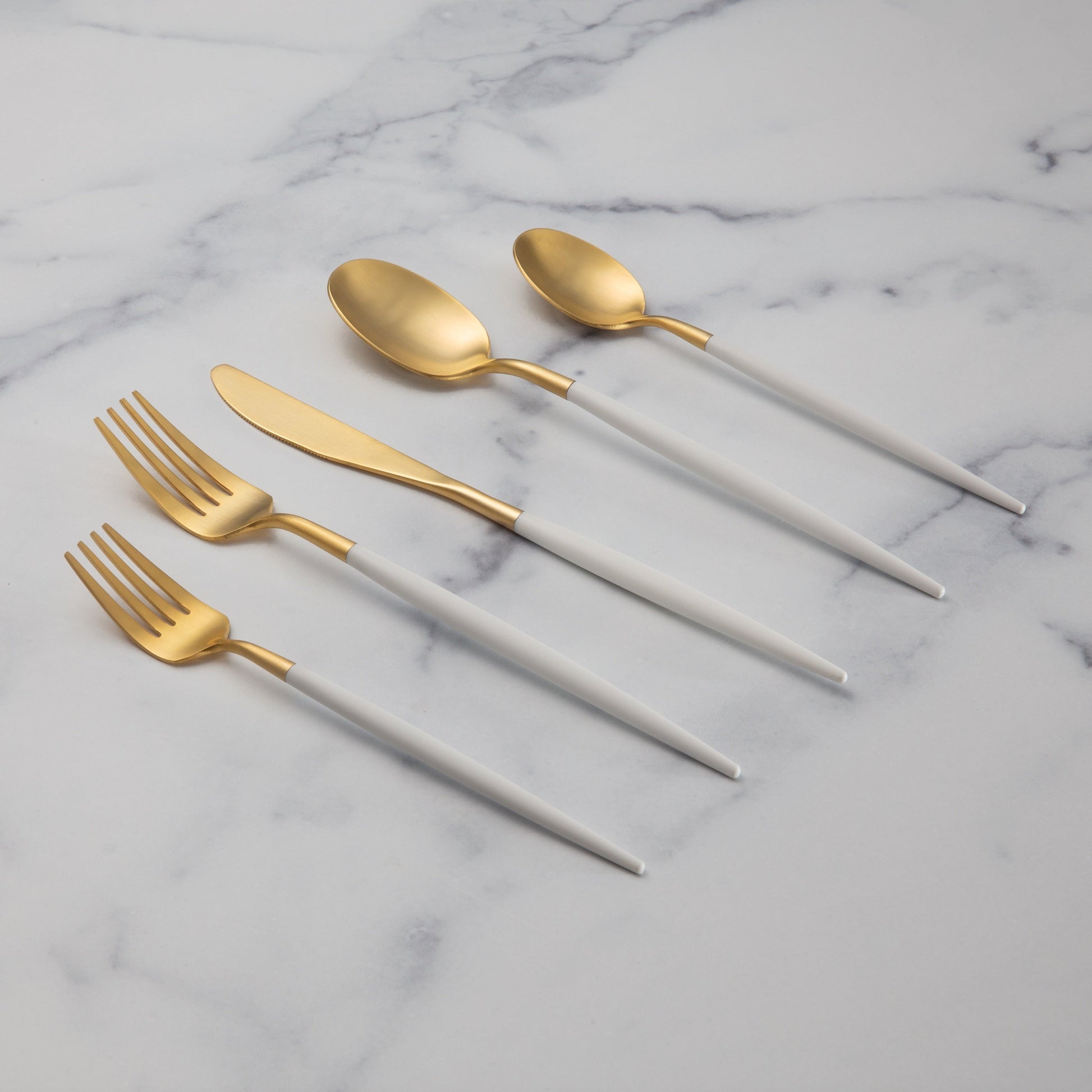 Mazzy Gold Satin White Pom Handle 20-Piece Flatware Set