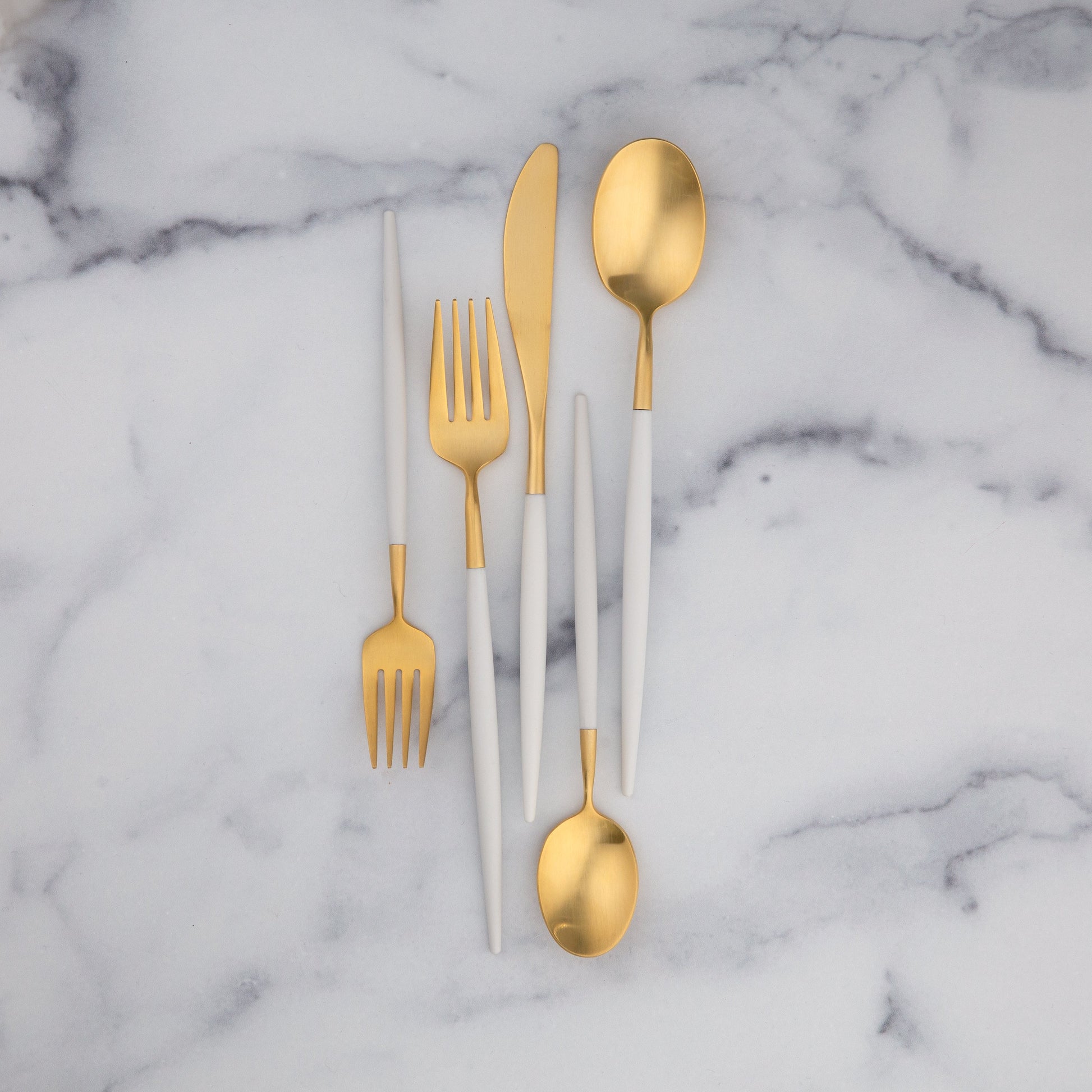 Mazzy Gold Satin White Pom Handle 20-Piece Flatware Set